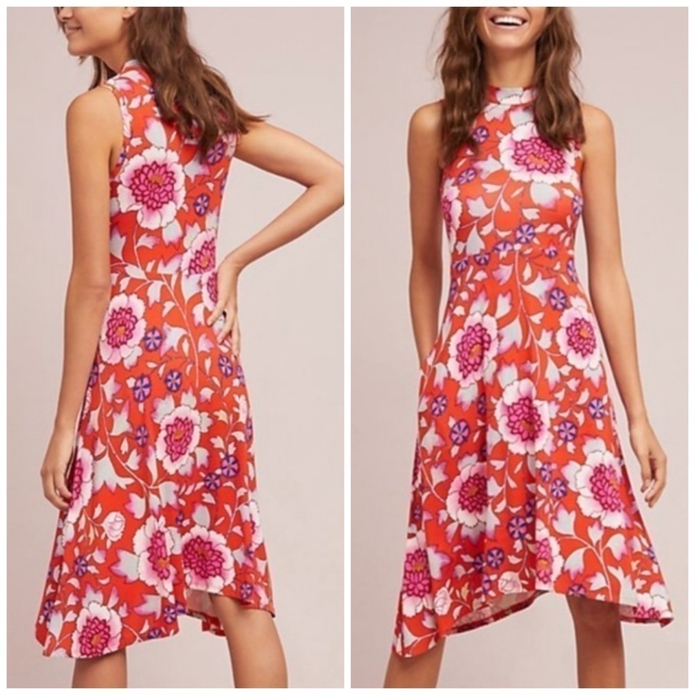 Anthropologie Maeve Cleary Mock Neck Sleeveless Dress Floral Asymmetric Hem XS